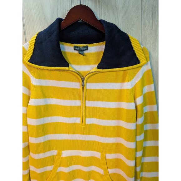 LRL Lauren Ralph Yellow White Quarter Zip Sweater Womens Size XL Cotton - Picture 2 of 6